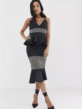 ASOS Black and Cream Peplum Striped midi Dress
